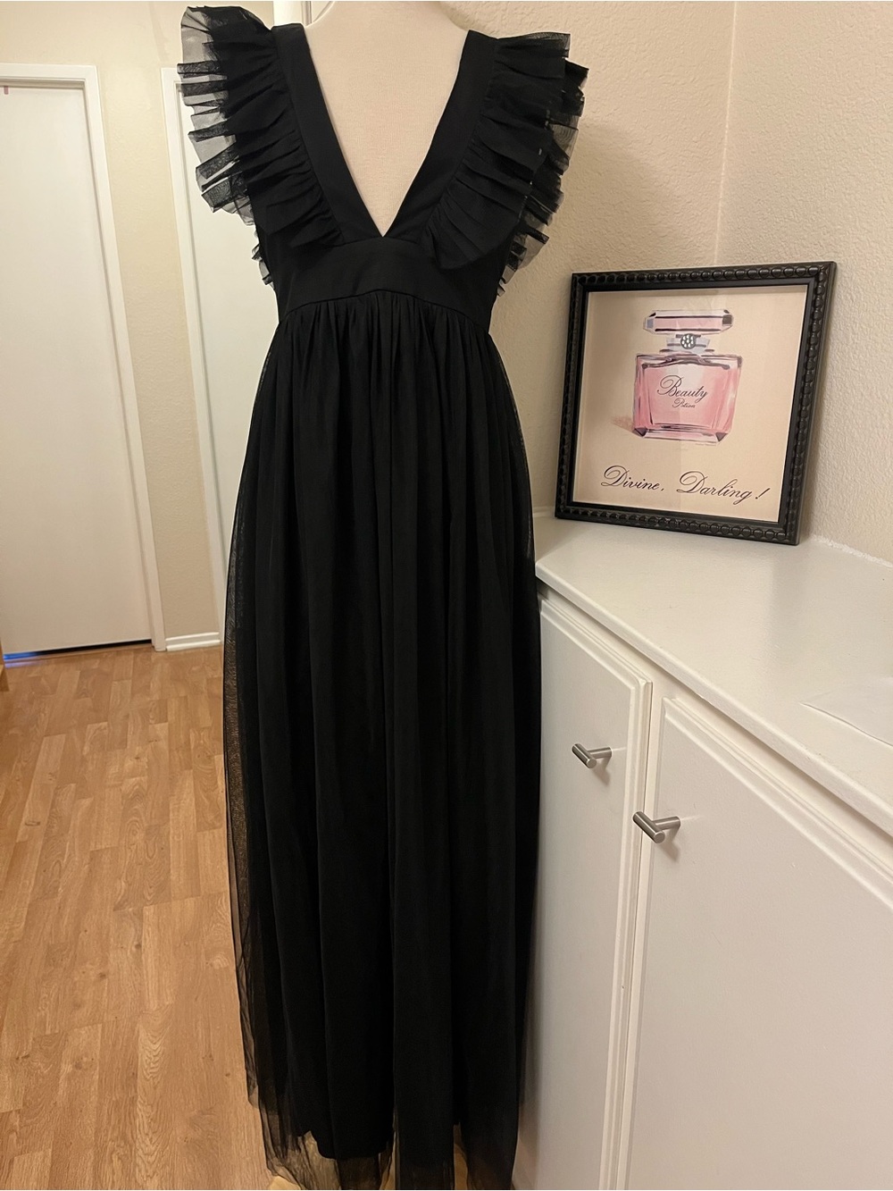 Lulu's Black Ruffled Tulle Maxi Dress - Size M 60” Length